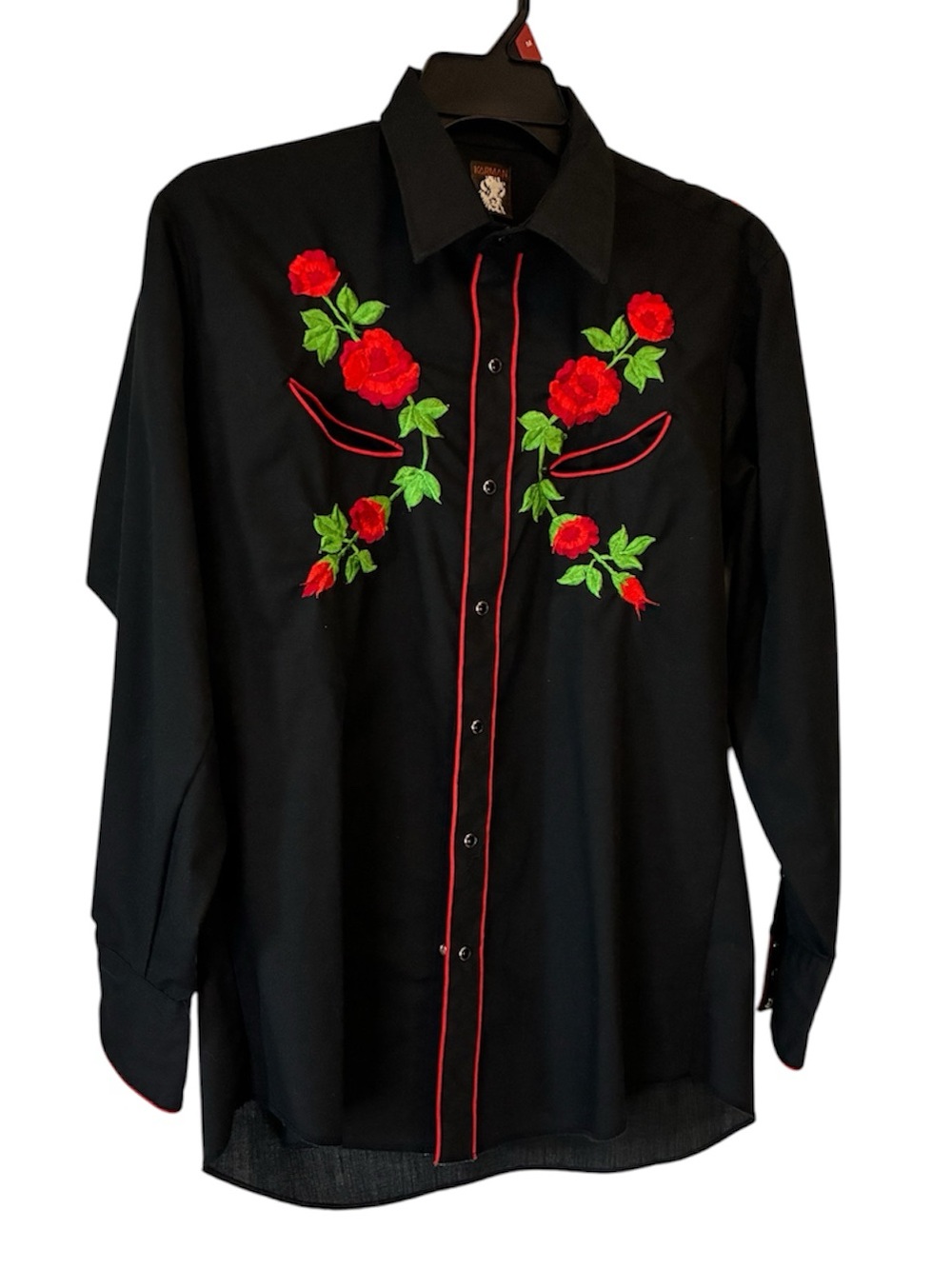 Karman Western Shirt Red Rose Embroidery Snap Buttons Rodeo Cowboy Black Sz 16.5